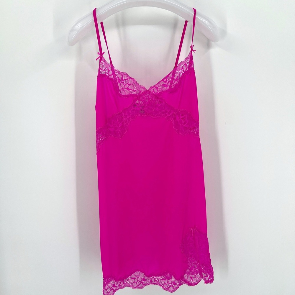 NWT Neon Pink Lace Slip with Slit Size M Hot Pink‎ NEW Sexy Slip Dress
